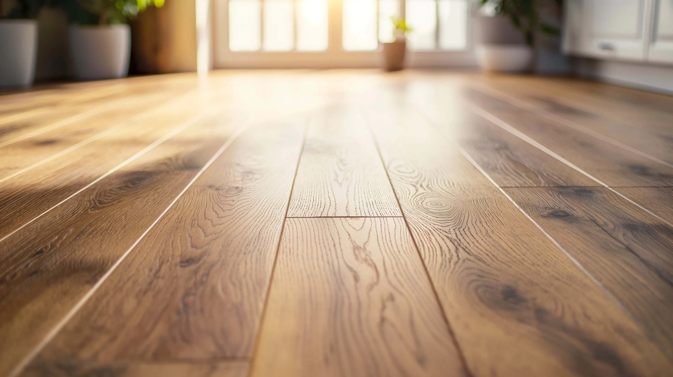 Plancher en bois massif avec lames de parquet disposées en quinconce, présentant des teintes chaudes variant du miel au brun foncé