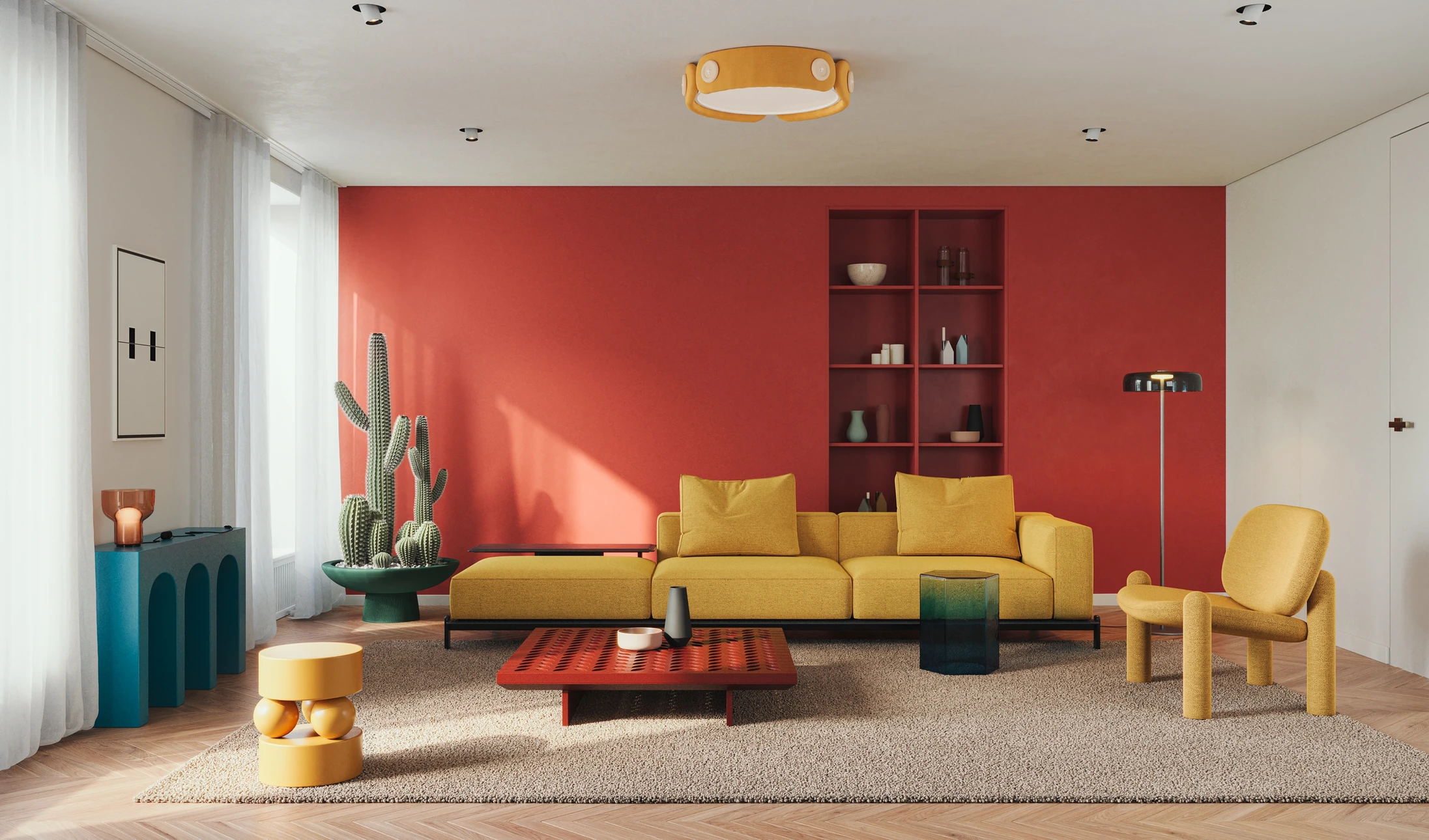 Peintre en bâtiment applique de la peinture bleue sur un mur intérieur blanc à l'aide d'un rouleau